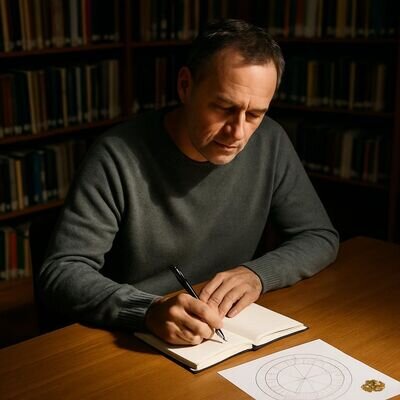 Ein Mann schreibt nachdenklich in ein Notizbuch, daneben liegen eine Geburtsgrafik und ein kleines Sonnen-Symbol.