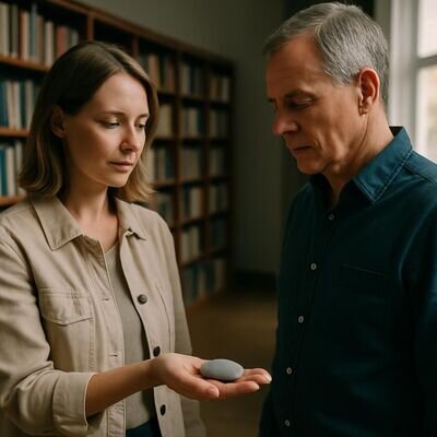 Zwei Personen in heller Umgebung, eine sammelt sich mit einem kleinen Symbolanker vor dem Gespr&auml;ch.