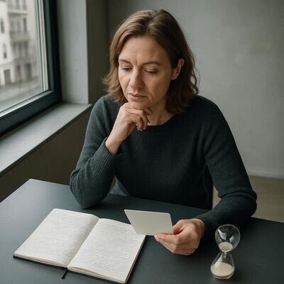 Eine Person schaut nachdenklich auf Notizen, ruhige Atmosph&auml;re ohne Dramatik.
