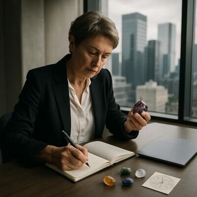 Eine Person nutzt einen Heilstein als Fokusobjekt beim Schreiben und Reflektieren im Arbeitskontext.