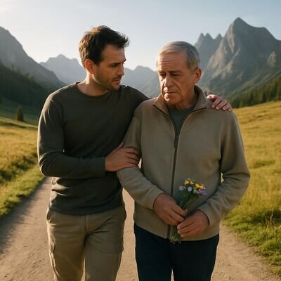 Zwei Menschen gehen in heller Natur nebeneinander, eine Hand auf der Schulter &ndash; Symbol f&uuml;r Unterst&uuml;tzung und Selbstf&uuml;rsorge nach Trauertr&auml;umen.