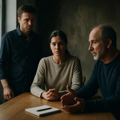 Drei erwachsene Familienmitglieder sitzen an einem Tisch und sprechen konzentriert, die Stimmung ist ruhig und respektvoll.