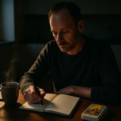 Mensch sitzt entspannt mit Tee und Notizen, Karten liegen beiseite, klare ruhige Stimmung.