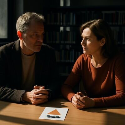 Zwei Menschen sitzen in einem lichtdurchfluteten Raum, sprechen ruhig miteinander, Symbol fuer Ausgleich und Beziehungsthemen.