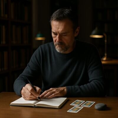 Eine Person schreibt in ein Notizbuch, neben ihr liegen Karten und ein kleiner Stein als Symbol f&uuml;r Erdung.