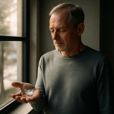 Eine Person betrachtet eine kleine Feder in der Hand in einer hellen, ruhigen Innenraumszene.