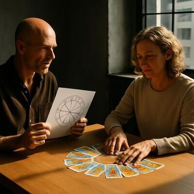 Zwei Personen betrachten Horoskop-Notizen und Tarotkarten auf einem Tisch, als Symbol f&uuml;r die Kombination beider Ans&auml;tze.