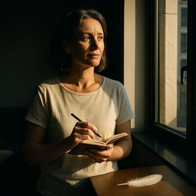 Eine Person schaut nachdenklich und zugleich zuversichtlich aus dem Fenster, waehrend warmes Licht und kleine Symbolobjekte eine ruhige Reflexionsstimmung erzeugen.