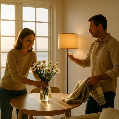 Zwei Personen gestalten den Raum freundlich neu: Licht, Blumen und Ordnung als Abschluss einer Raumreinigung.