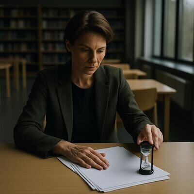 Eine Person ordnet Notizen und setzt einen klaren Abschluss statt endlosem Optimieren.