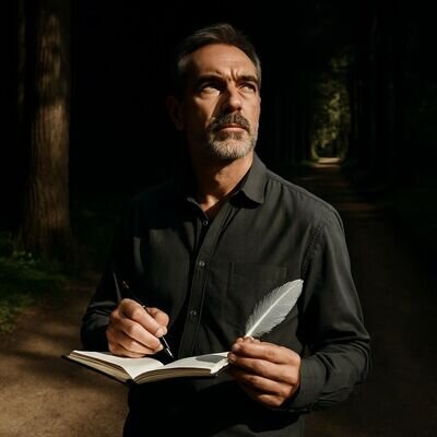 Ein europaeischer Mann steht auf einem hellen Waldweg, Notizbuch in der Hand, klare Luft und freundliches Tageslicht.