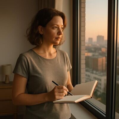 Eine Person richtet den Morgen ruhig aus, mit Notizbuch und Tageslicht am Fenster.