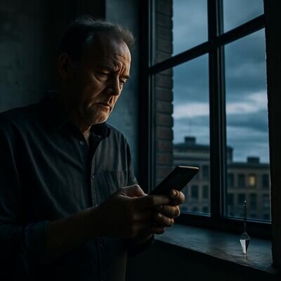 Eine Person liest eine Nachricht am Smartphone und wirkt nachdenklich, im Hintergrund ein neutrales, modernes Setting.