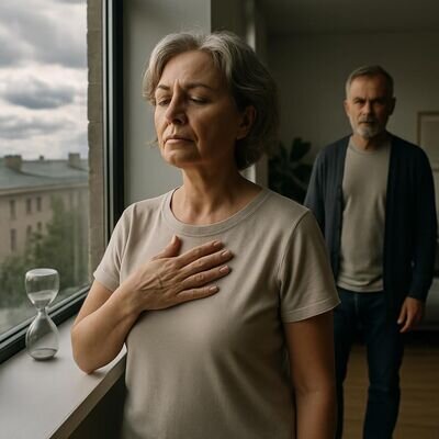Eine Frau atmet bewusst am Fenster, im Hintergrund unscharf ein Mann, der ihr Raum gibt – eine ruhige Deeskalation.