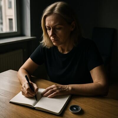 Eine Person sitzt an einem hellen Tisch, schaut nachdenklich auf Notizen, daneben eine Tasse Tee; Atmosph&auml;re ruhig und zuversichtlich.