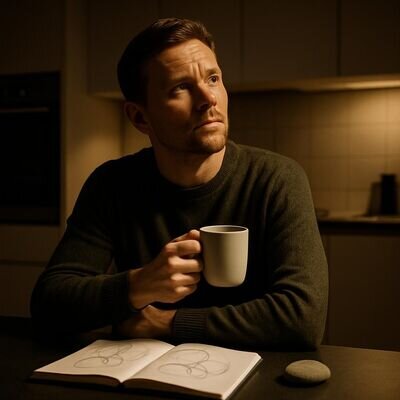 Mann reflektiert ruhig mit Tee und Notizen, Symbol f&uuml;r Realit&auml;tspr&uuml;fung und Selbstbestimmung.
