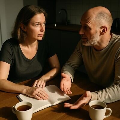 Zwei Menschen sitzen einander zugewandt und sprechen ruhig &uuml;ber N&auml;he und Distanz.