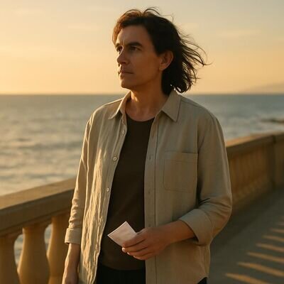 Eine Person steht draussen, schaut in die Ferne und haelt ein gefaltetes Papier mit einem Tagesimpuls locker in der Hand.