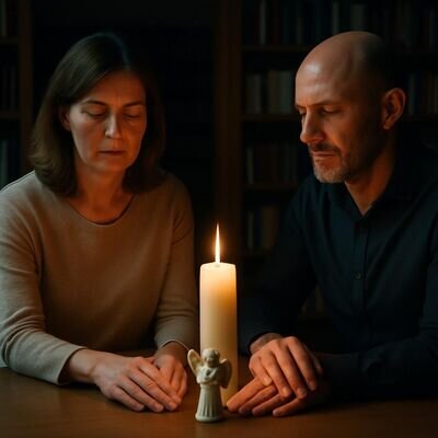 Zwei Personen betrachten eine Kerze neben einem dezenten Engel-Symbol &ndash; ruhige, unterst&uuml;tzende Stimmung.