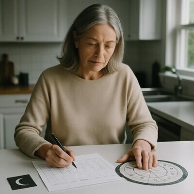 Eine Person markiert ruhig ein Zeitfenster im Kalender, daneben liegt ein Horoskoprad als Orientierung.