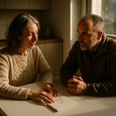 Ein Paar spricht ruhig und aufmerksam miteinander in einem klaren Innenraum.