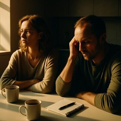 Ein Paar sitzt in einer hellen Küche, beide wirken nachdenklich und beruhigen sich nach einem Konflikt.