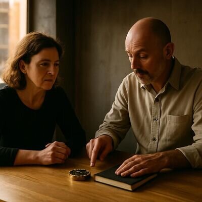 Zwei Erwachsene in ruhigem Gespr&auml;ch, Notizbuch und sanfte Symbolik, Atmosph&auml;re von Vertrauen und Klarheit.