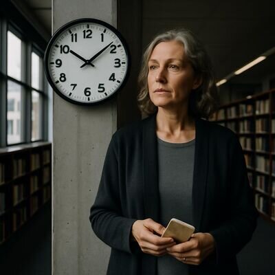 Eine Person blickt auf eine Uhr, bleibt dabei ruhig und reflektiert.