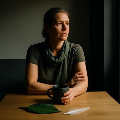 Eine erwachsene Person sitzt nachdenklich in freundlichem Gruenlicht und findet in einer kurzen Pause zur Ruhe.