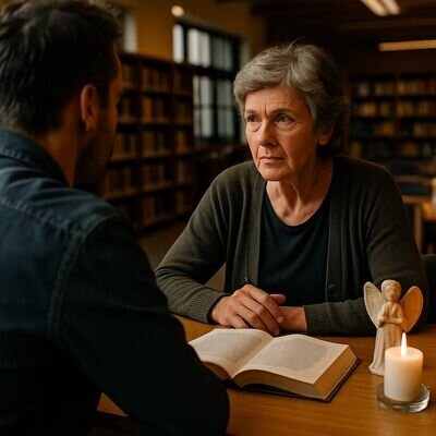 Zwei Erwachsene sprechen ruhig ueber Zeichen und Grenzen, um Fehlannahmen rund um Engelbotschaften zu vermeiden.