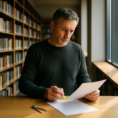 Eine Person in einer Bibliothek betrachtet ruhig ein Blatt Papier und markiert eine Zeile, als wuerde sie Struktur finden.