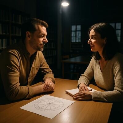 Zwei Menschen sitzen in einem ruhigen Raum und sprechen offen, w&auml;hrend ein Horoskopblatt und Notizen auf dem Tisch liegen.