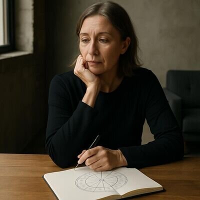 Eine Person sitzt konzentriert mit Notizbuch und reflektiert ruhig &uuml;ber eigene Muster.