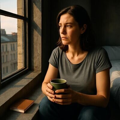 Eine Person sitzt morgens hell beleuchtet am Fenster und wirkt nachdenklich, aber ruhig &ndash; Moment des Sortierens nach einem intensiven Traum.