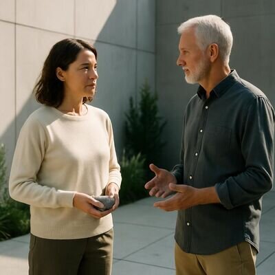 Zwei Menschen im Gespr&auml;ch, respektvoll und klar, als Symbol f&uuml;r wertebasierte Grenzen.
