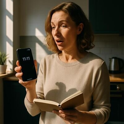 Eine Person bemerkt 11:11 auf dem Smartphone und wirkt ruhig und nachdenklich in heller, freundlicher Umgebung.