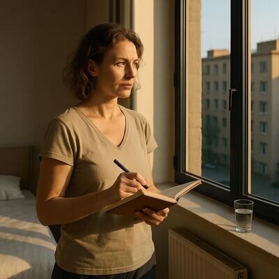 Eine Person beginnt den Tag ruhig am Fenster, Notizbuch in der Hand, freundliches Morgenlicht.