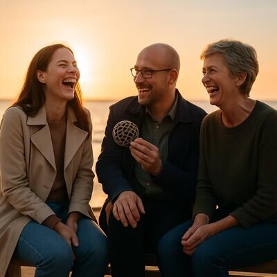Drei Freunde sitzen am K&uuml;stenabend auf einer Bank, lachen, halten eine kleine Sternkreis-Scheibe in der Hand, warmes Gegenlicht.