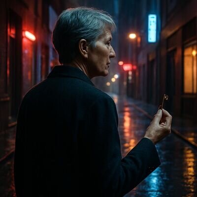 Eine Person steht nachdenklich in einer n&auml;chtlichen Stadtstra&szlig;e; Licht und Schatten wirken wie Traumsymbole.