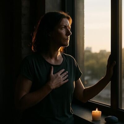 Eine Frau legt die Hand aufs Herz und blickt in warmes Morgenlicht, still und hoffnungsvoll.
