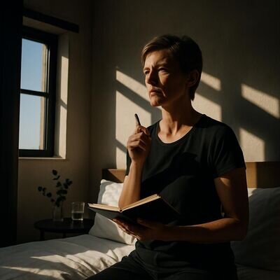 Helle Morgenszene: Eine Person sitzt wach im Bett, wirkt nachdenklich, aber stabil und geerdet.