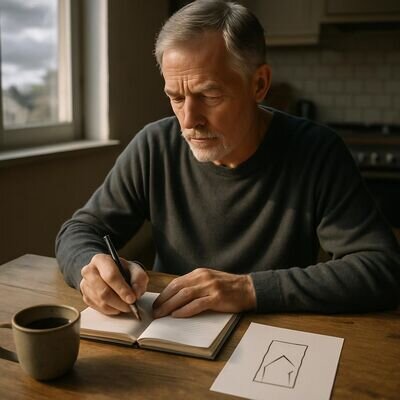 Eine Person sitzt am Morgen am Tisch und arbeitet ruhig mit Notizbuch an einer sanften Umschreibung belastender Traumbilder.