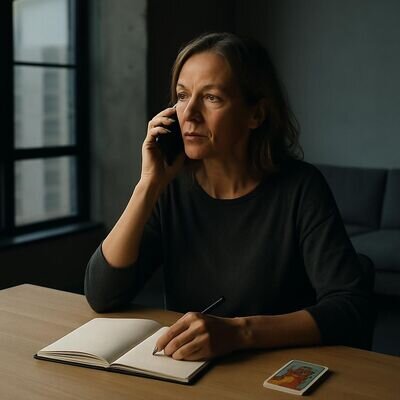 Eine Person sitzt entspannt in einem hellen Raum und spricht aufmerksam am Telefon, Notizbuch liegt bereit.