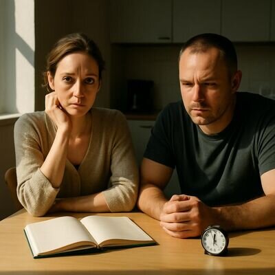 Ein Paar richtet in ruhiger Atmosph&auml;re einen festen Gespr&auml;chsrahmen mit Notizbuch und Timer ein.