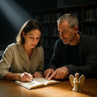 Zwei europaeische Personen sitzen in einer hellen Bibliotheksszene, eine schreibt, die andere zeigt auf eine Seite, warmes Licht und klare Details.