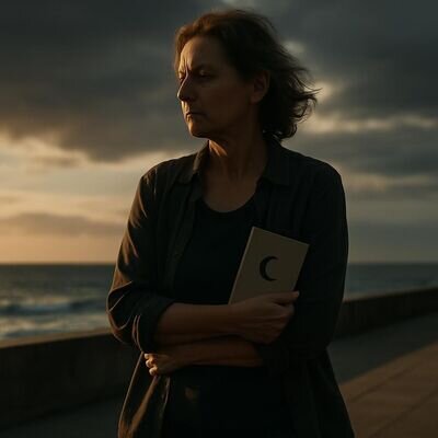 Eine Person geht nachdenklich an der K&uuml;ste entlang und h&auml;lt ein kleines Notizbuch mit Mond-Skizze.