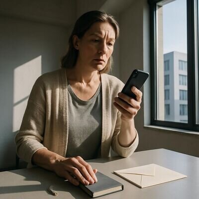 Eine Person betrachtet eine dubiose Engel-Nachricht am Handy und nimmt sich bewusst Zeit zum Nachdenken.