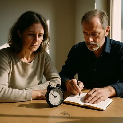 Zwei Menschen betrachten gemeinsam eine Uhr und Notizen, sinnbildlich f&uuml;r Zeitfenster und realistische Einordnung.