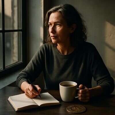 Eine Person sitzt nachdenklich am Fenster mit Notizbuch und wirkt gefasst, als w&uuml;rde sie den n&auml;chsten Schritt planen.
