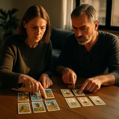 Zwei Personen betrachten Tarot- und Lenormandkarten auf einem Tisch, konzentriert und ruhig.